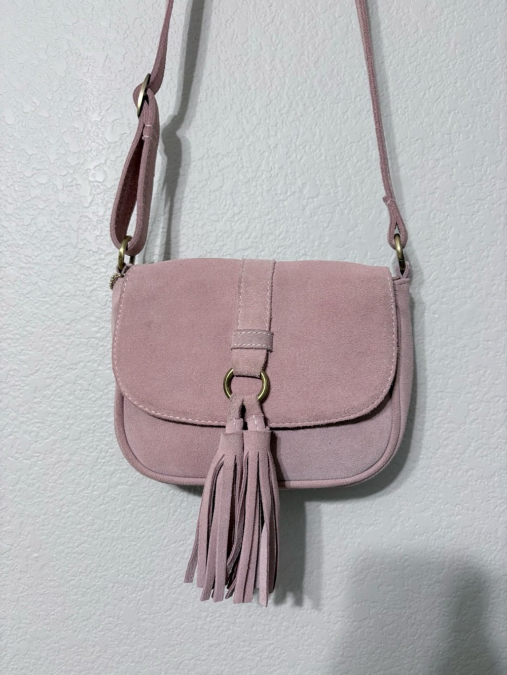 Cute Light Pink Blush Suede Large Tassel Adjustable Strap Crossbody Shoulder Bag